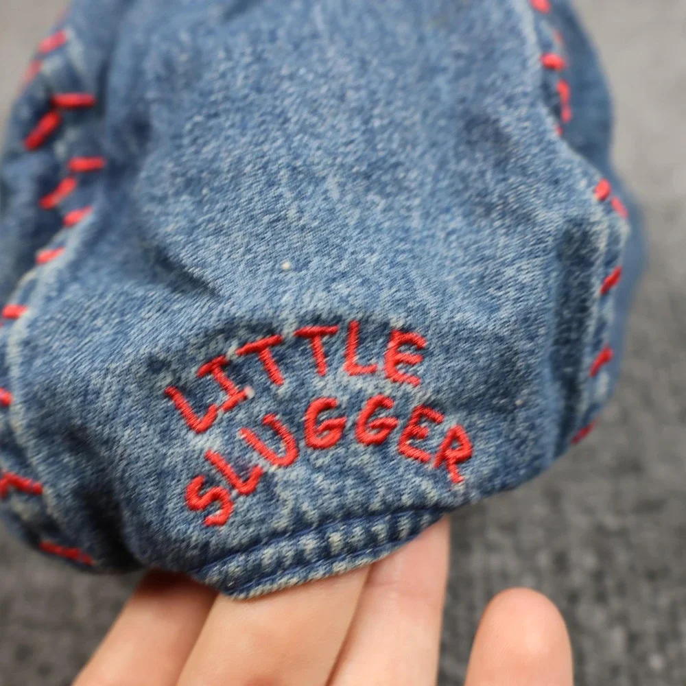 Little Slugger Hat Cap Fitted Kids Toddler 2-4 Yrs‎ Blue Denim Red Trim Baseball